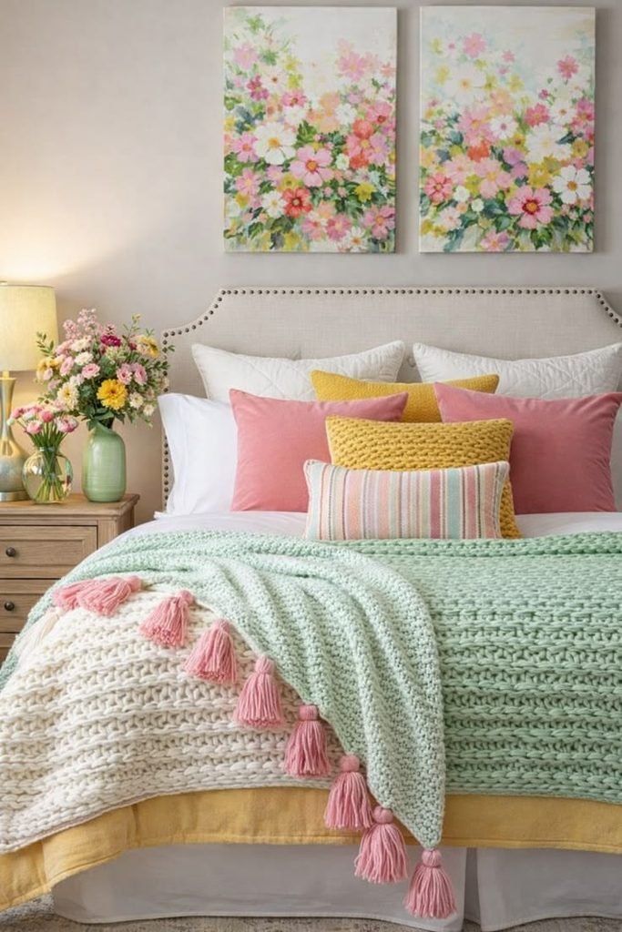 Layered bed with cushions, comforter and decorative throw